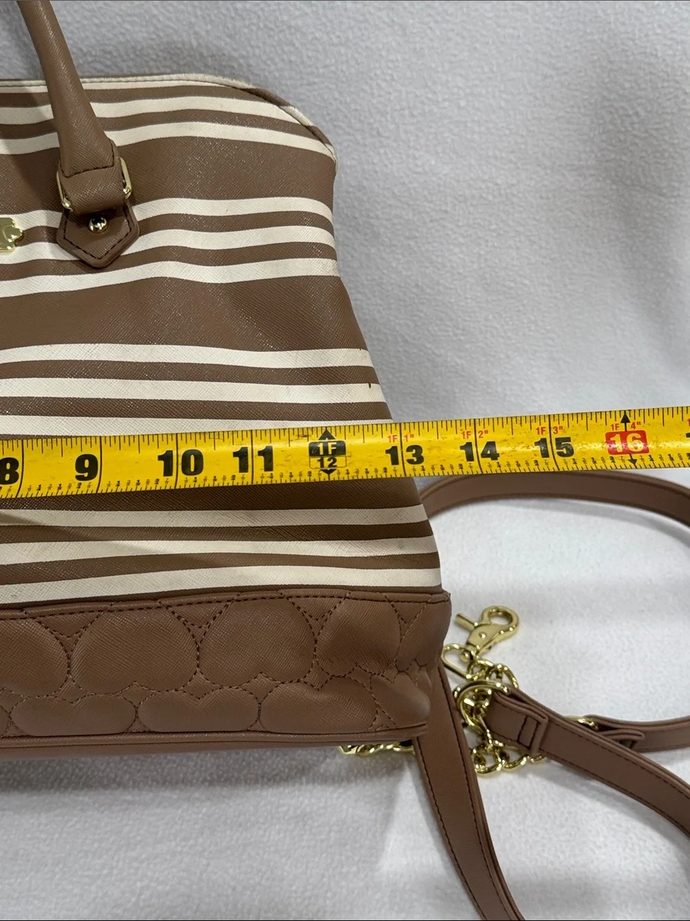 Betsey Johnson Brown and Cream Striped Satchel with Bow Charm